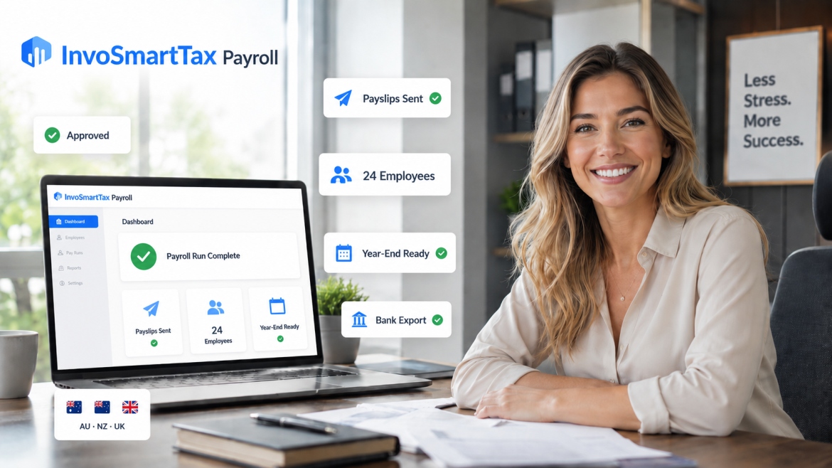 Payroll module showing employee profiles, payroll runs, payslips, and reports