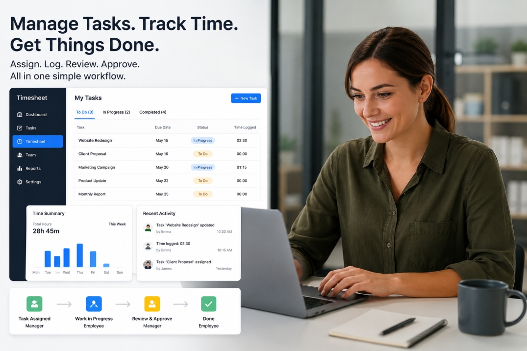 Timesheet module showing tasks, staff updates, time logging, approvals, and payroll bridge